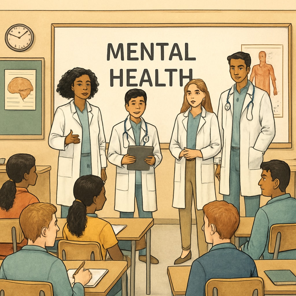 A group of medical students presenting a mental health seminar to attentive high school students in a classroom setting. Medical students host interactive mental health talks for high school students.