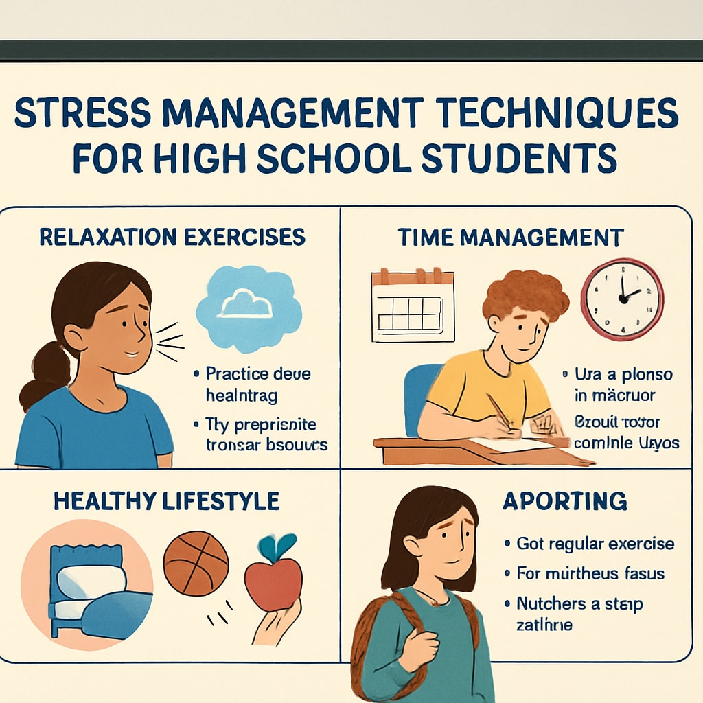 A slide presentation featuring stress management techniques tailored for high school students, with colorful graphics and actionable tips. Stress management techniques presentation for high school mental health talks.