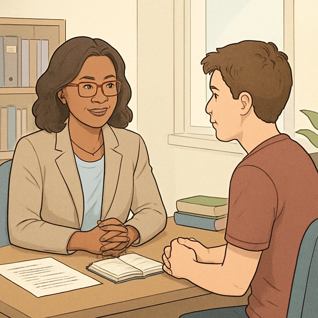 A guidance counselor speaking with a student in a calm and supportive environment. Guidance counselor discussing student concerns in a non-teaching role
