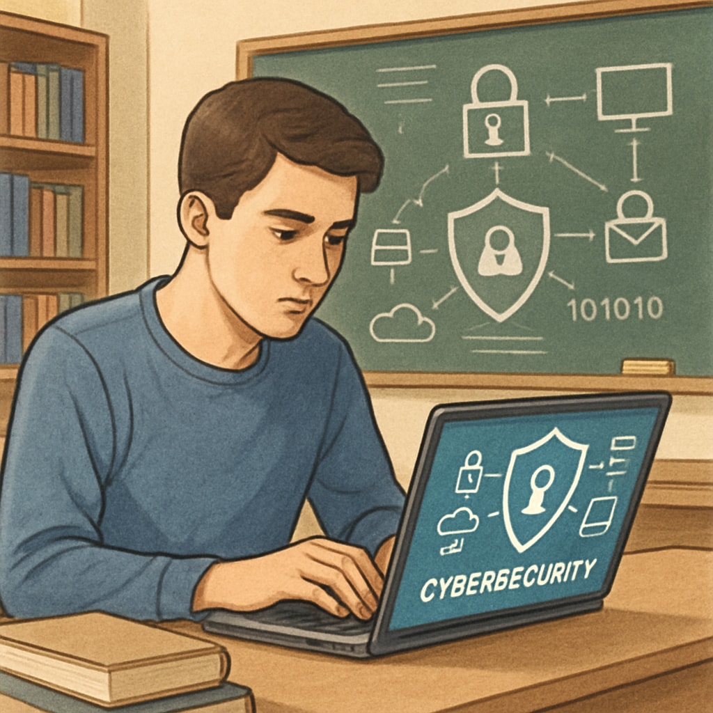 A student exploring cybersecurity concepts on a laptop in a university setting. IT student learning cybersecurity basics as part of their university career preparation.