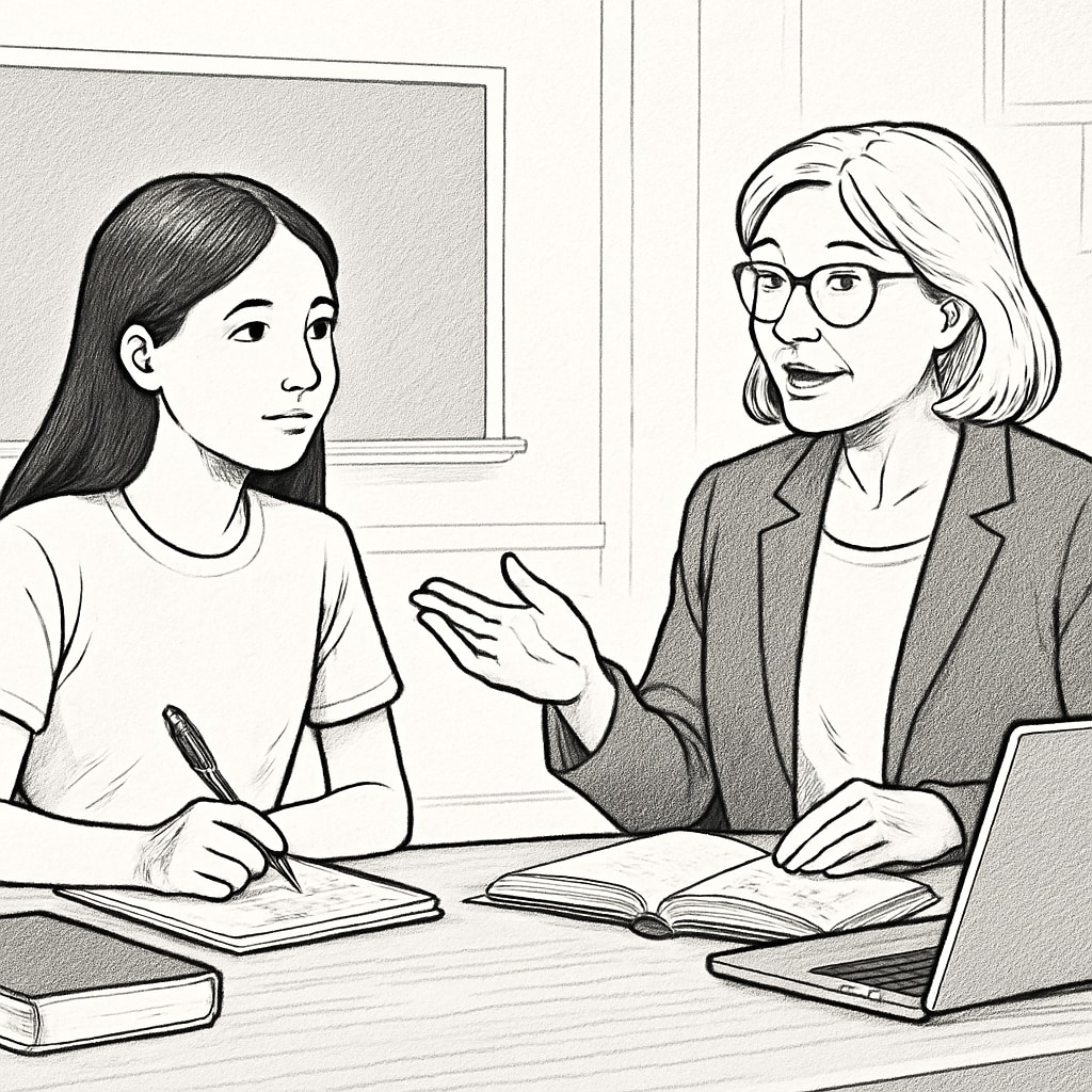 A mentorship session between a young female student and an experienced woman entrepreneur. A mentorship session highlighting women entrepreneurs and leadership development.