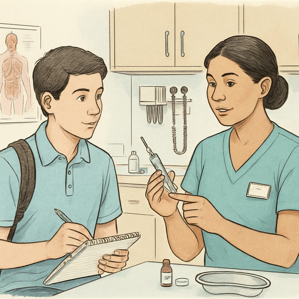 A high school student shadowing a nurse at a local clinic to gain real-world experience. High school student gaining hands-on nursing experience at a clinic.