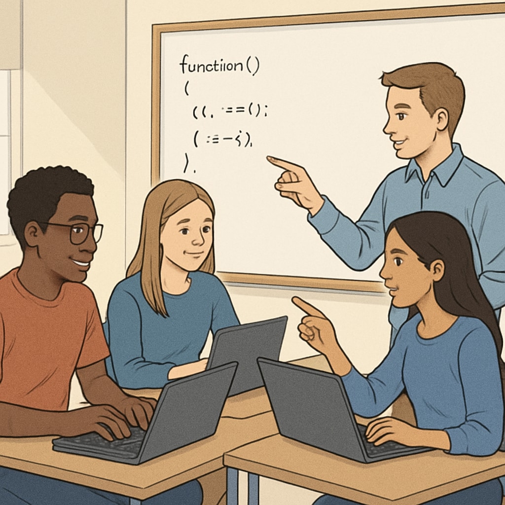 A group of students collaborating on a software project in a classroom. College students working on a group project to build software applications.
