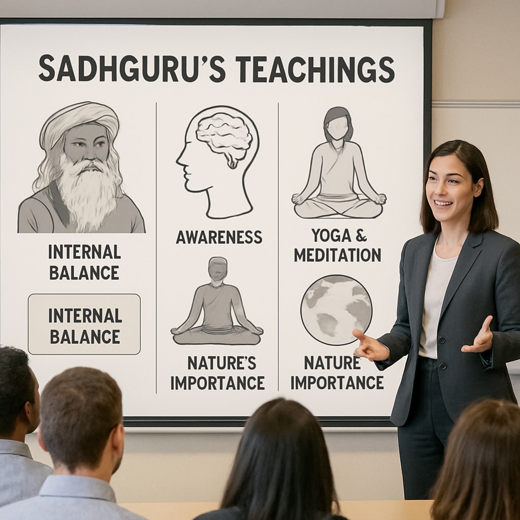 A professional woman delivering a presentation to an audience, with visuals of Sadhguru’s teachings displayed on a screen. Presentation on Sadhguru’s teachings for women entrepreneurs.