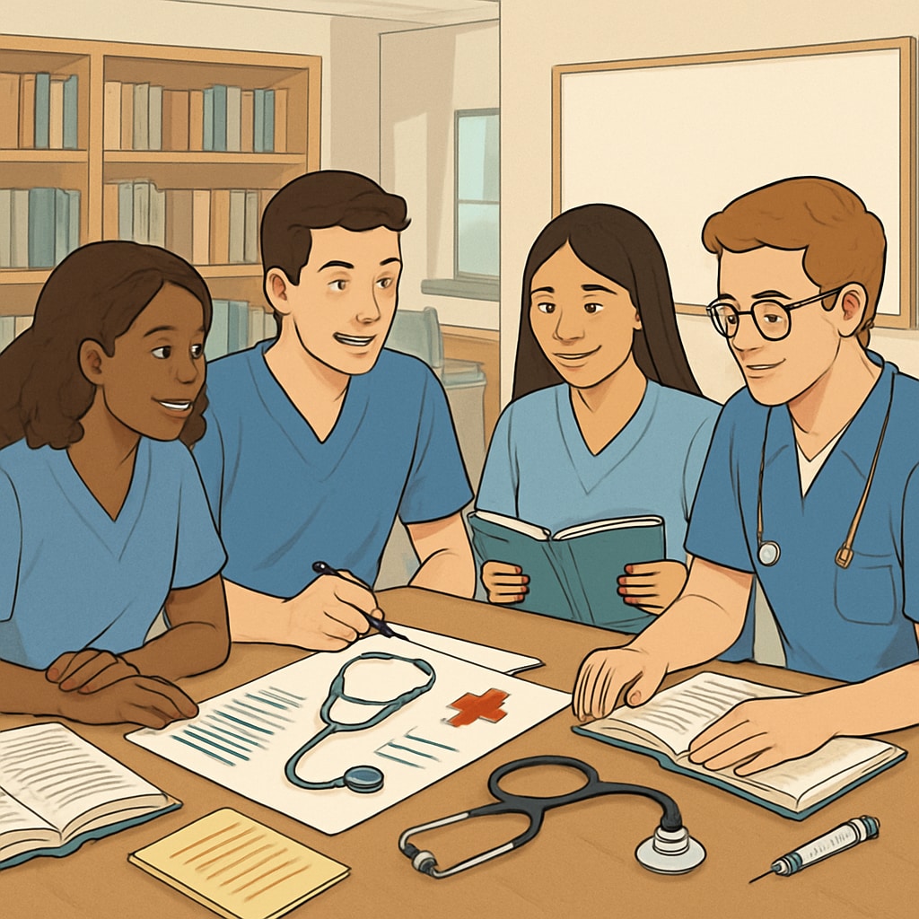 A diverse group of college students working together on a nursing project in a study hall. College students collaborating on a nursing project in a study environment.