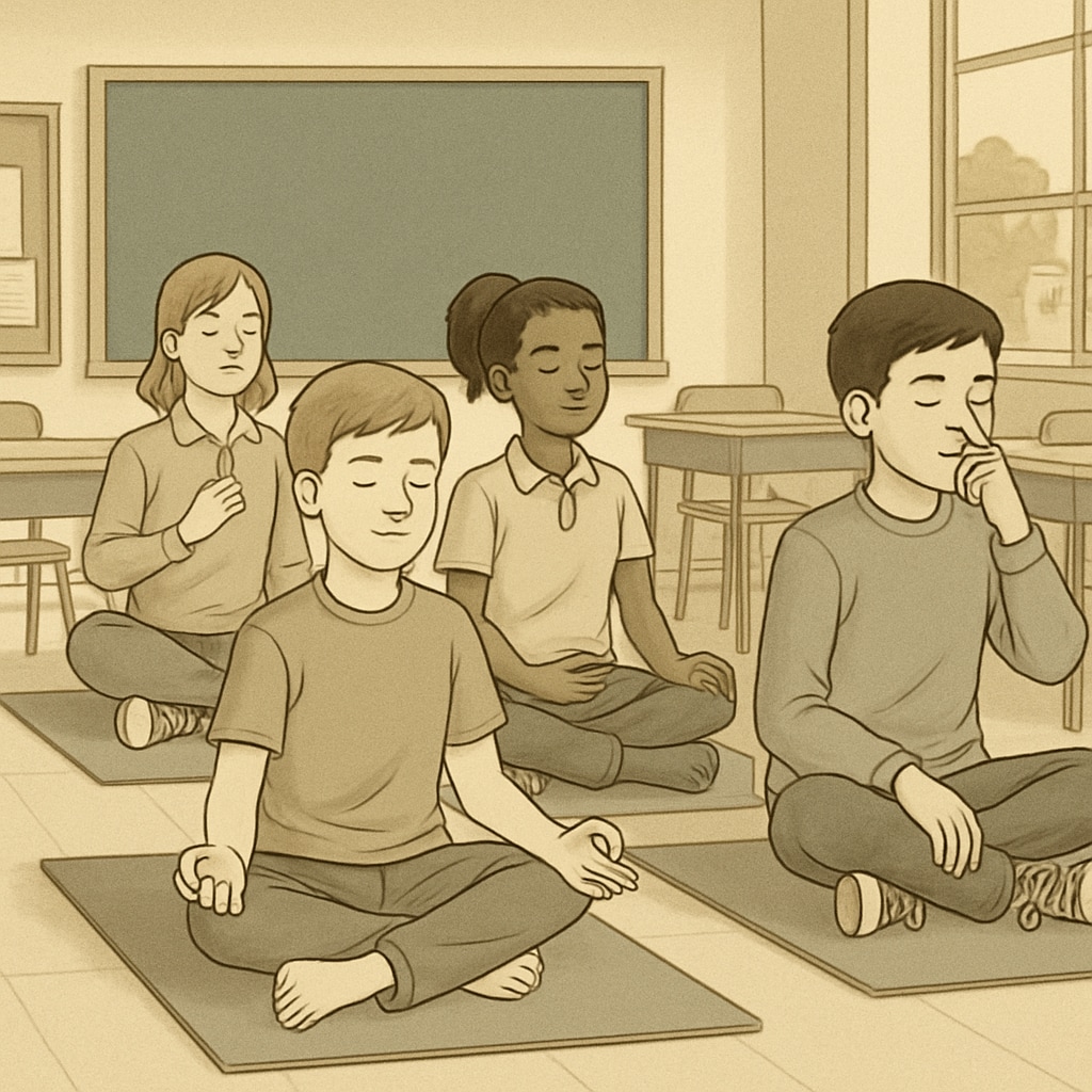 Students practicing yoga in a classroom setting, demonstrating mindfulness and focus techniques. Classroom yoga practice emphasizing focus and calmness.