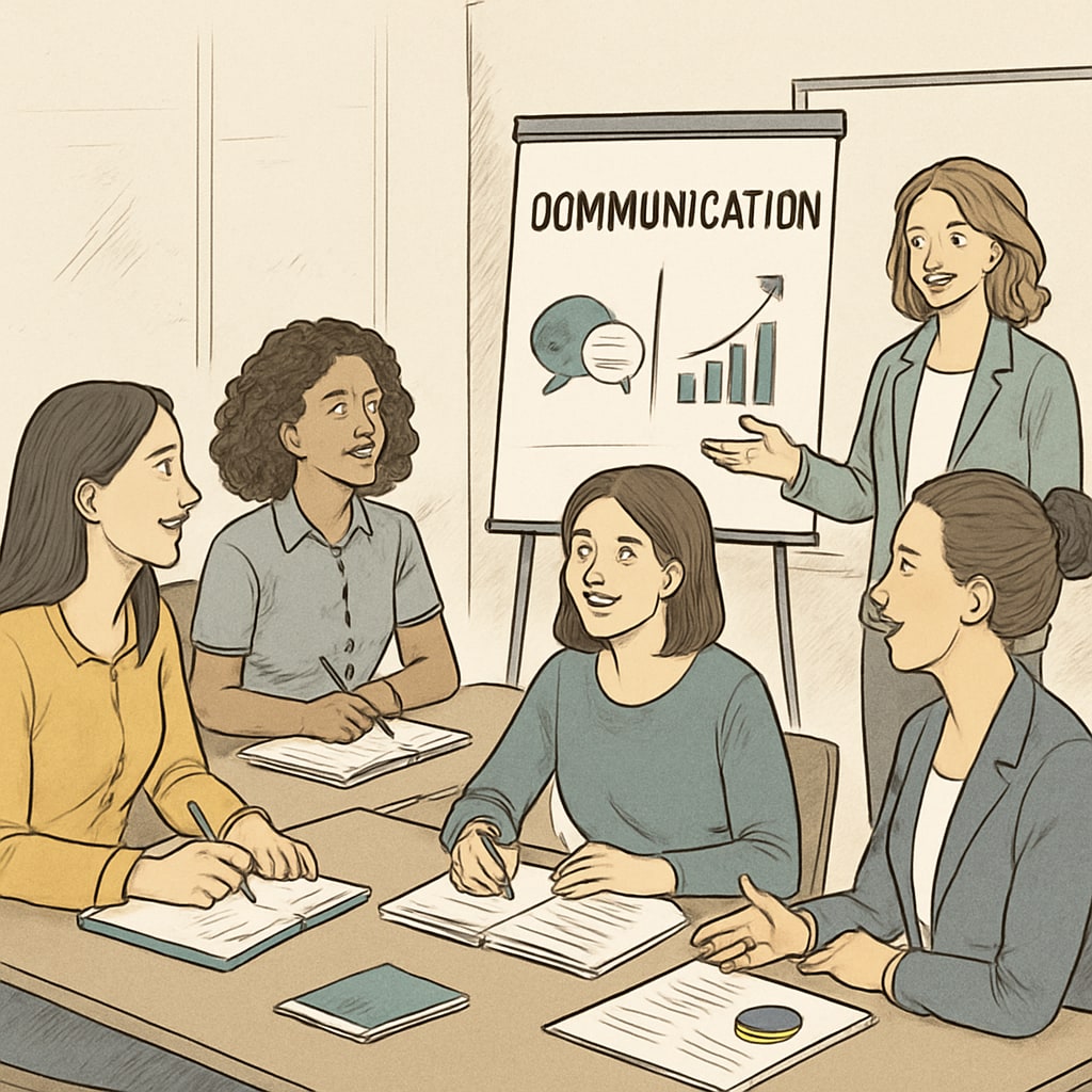 A group of women entrepreneurs participating in a communication workshop, inspired by leadership figures such as Sadhguru. Women entrepreneurs engaging in a leadership communication workshop.