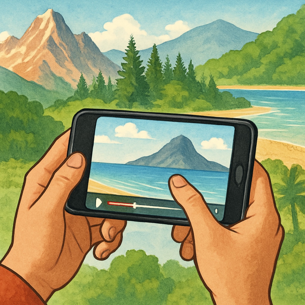 A vibrant image showing a person watching a travel short video on their smartphone, with scenic landscapes in the background. A person watching a travel short video, highlighting tourism destinations.