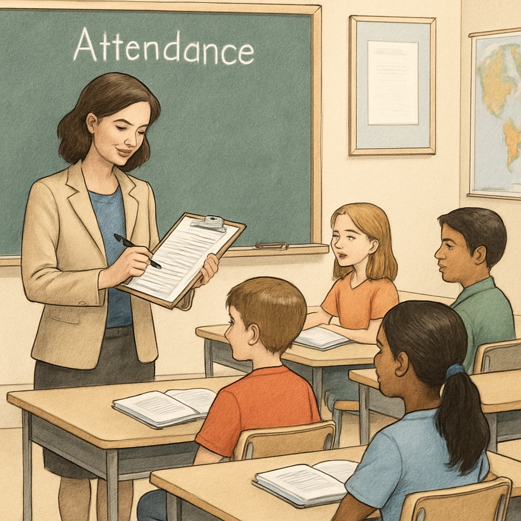 A classroom setting showing a teacher marking attendance while students pay attention. Teacher marking attendance in a classroom, related to strict attendance policies.