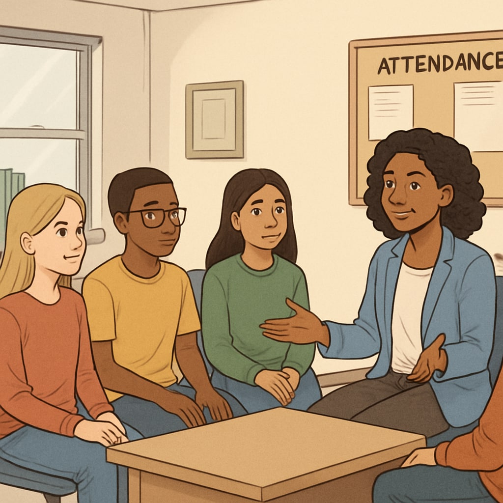 A counseling session in a school setting, with a diverse group of students and a counselor discussing attendance challenges. School counselor addressing attendance issues with diverse students, illustrating empathy-based solutions.