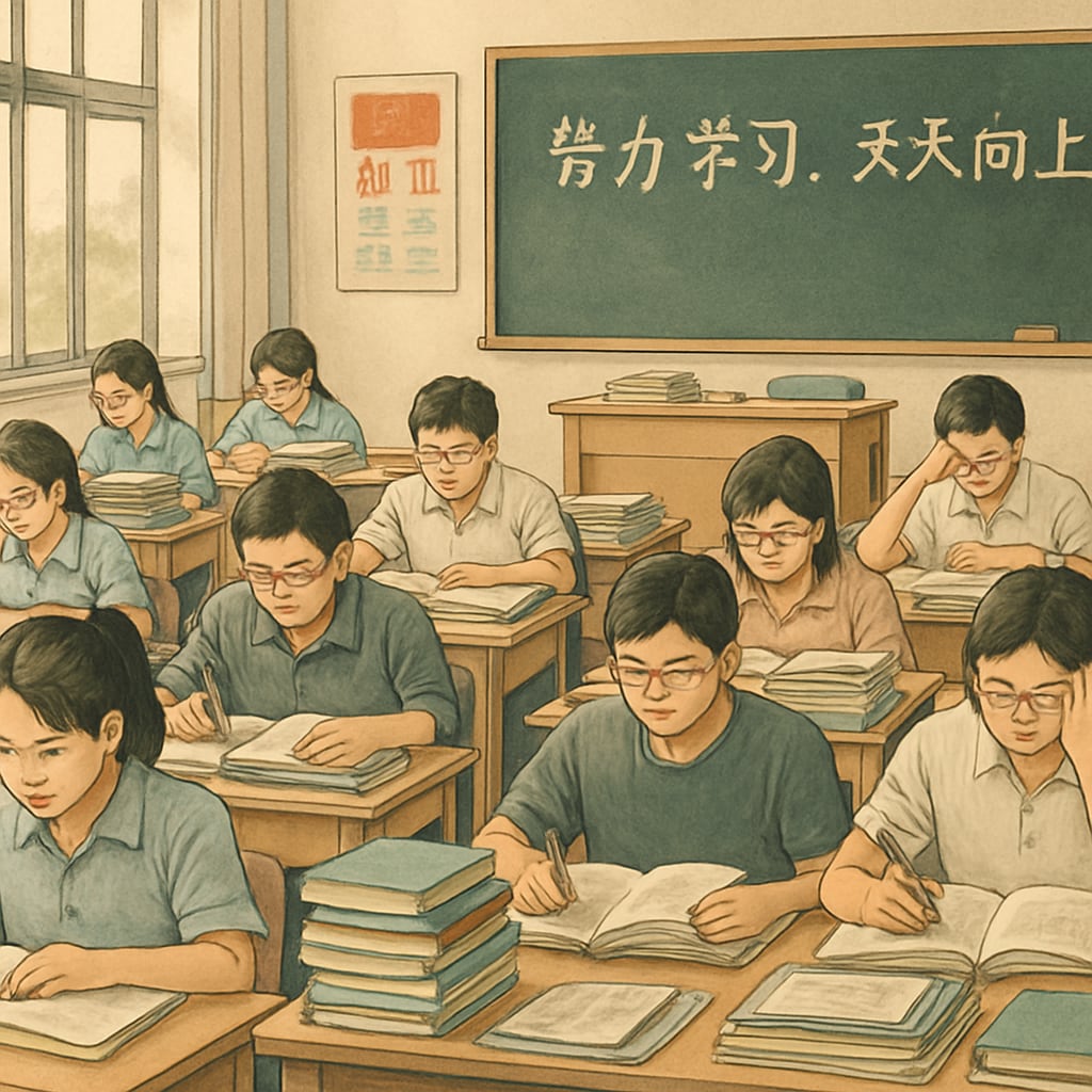 A classroom of students in China intensely studying for exams, reflecting the focus on academic achievement. Chinese classroom exam preparation.