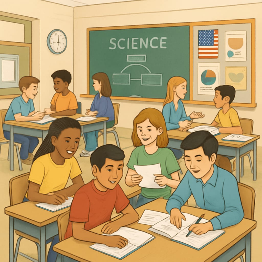 An American classroom with diverse students engaged in group activities, showcasing holistic and collaborative learning. American classroom collaborative learning.
