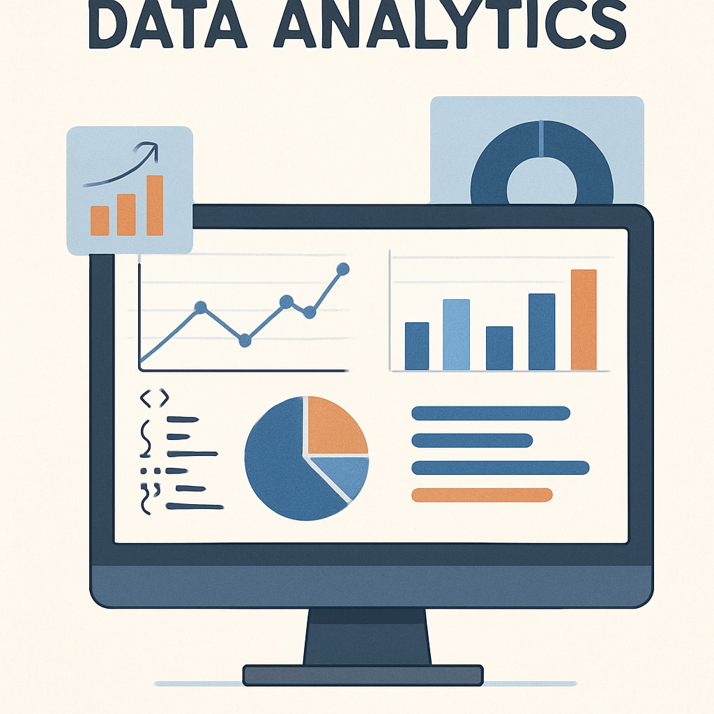 Data science representation with graphs and code snippets on a screen.