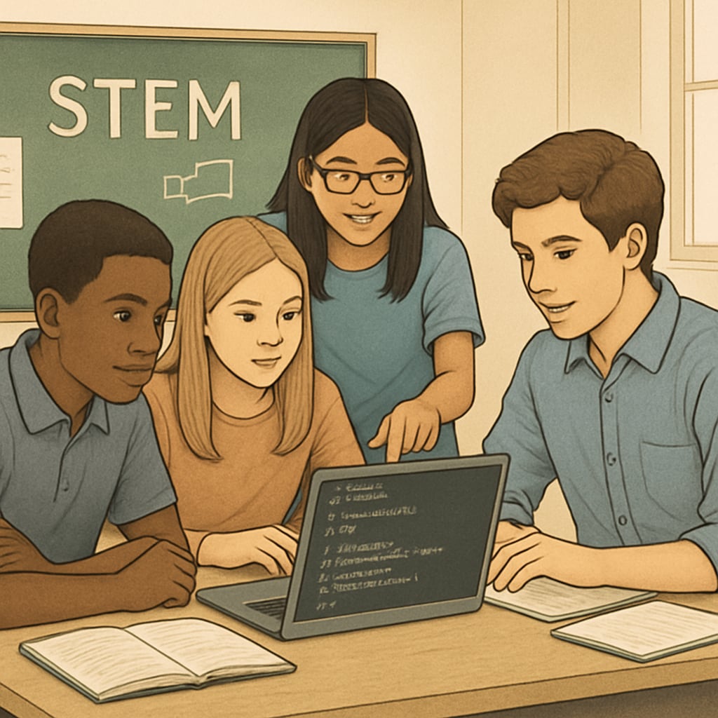 High school students working on a coding project, illustrating STEM engagement.