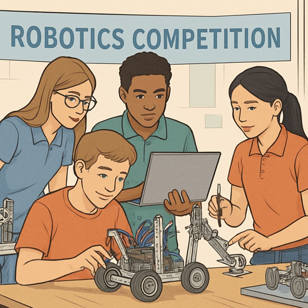 High school students collaborating on STEM projects during a robotics competition, illustrating teamwork and engineering learning at the K12 level. Students involved in STEM activities related to engineering and teamwork.