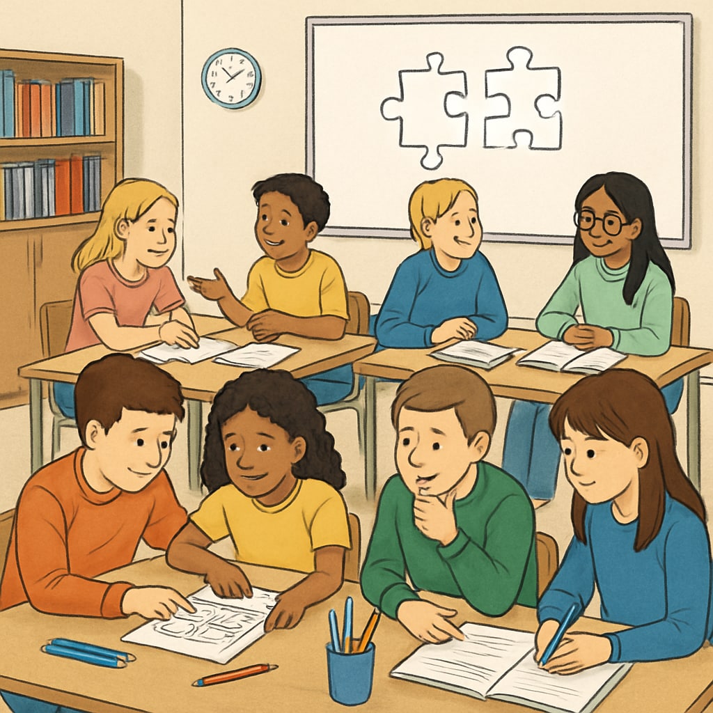 A workshop where students practice teamwork and problem-solving in a group activity. High school students participating in a group activity to develop teamwork and problem-solving skills.