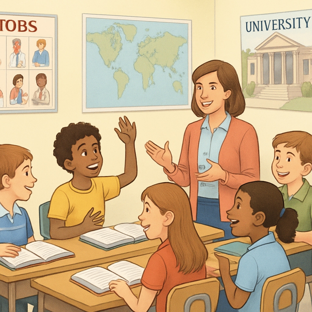 Students discussing career options in a K12 classroom setting.