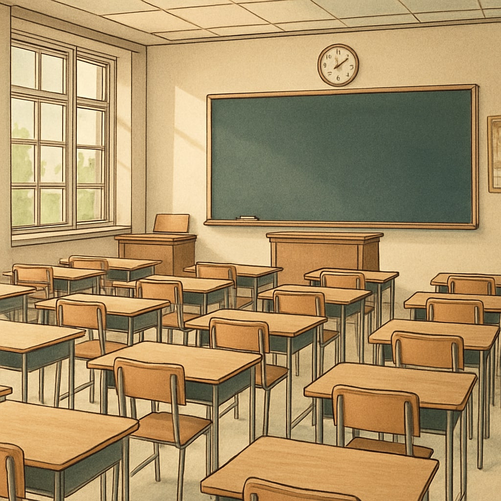 A classroom with empty desks and a blackboard, symbolizing the absence of teachers on An empty classroom representing the Teacherless Tuesday protest strategy.