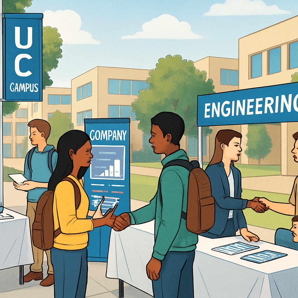 Students at a University of California career fair exploring job opportunities.