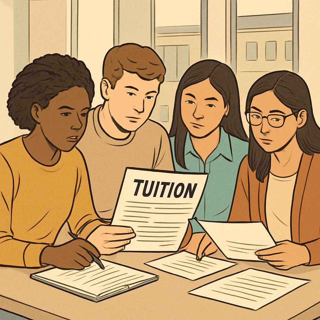 Students discussing tuition challenges with documents, highlighting international student fees.