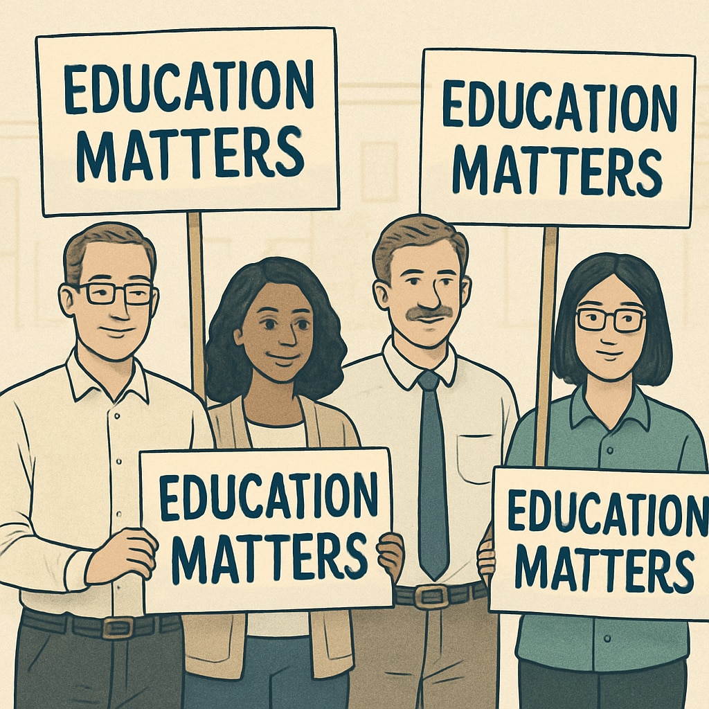 A group of teachers holding placards that read Teachers peacefully protesting with signs advocating for educational reform.