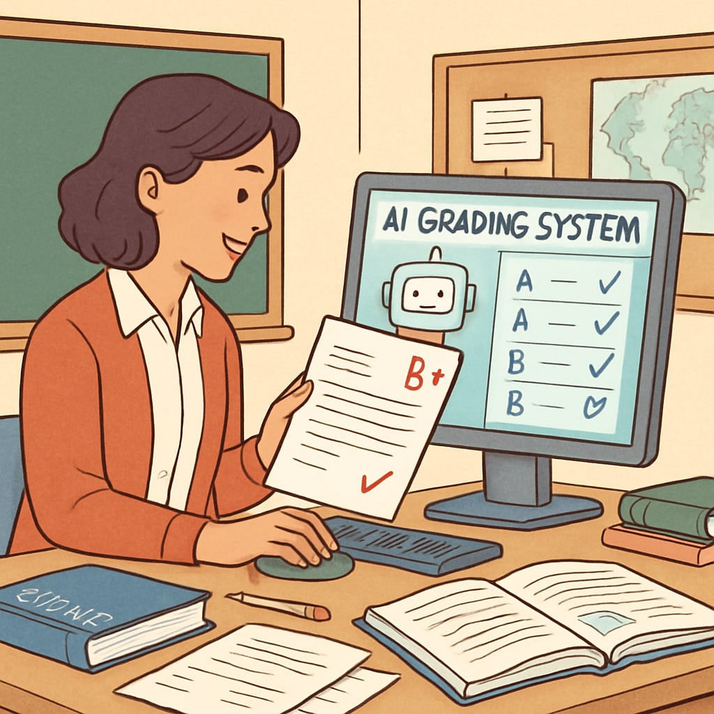A teacher using an AI-powered grading system in a classroom setting, highlighting the integration of AI in reducing manual grading tasks. Teacher using AI-powered grading system to reduce administrative workload.