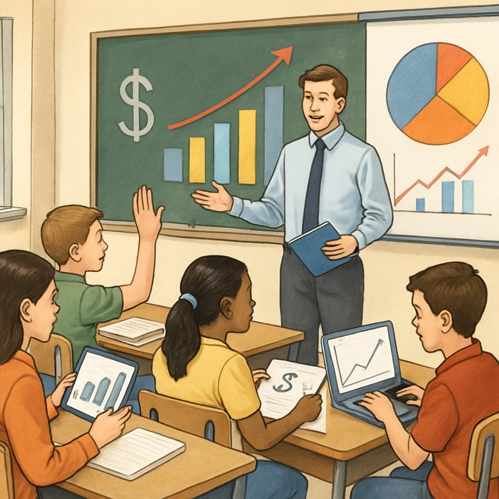 A classroom setting where students are learning financial concepts through interactive tools and a teacher guiding them. Students learning financial concepts in a classroom setting, emphasizing business analysis and finance education.