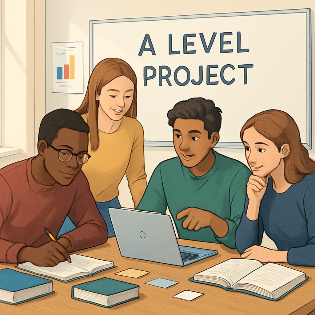 A diverse group of students in the UK collaborating on an A Level project, showcasing the emphasis on critical thinking and teamwork. UK students working together on an A Level project, illustrating flexibility in education.