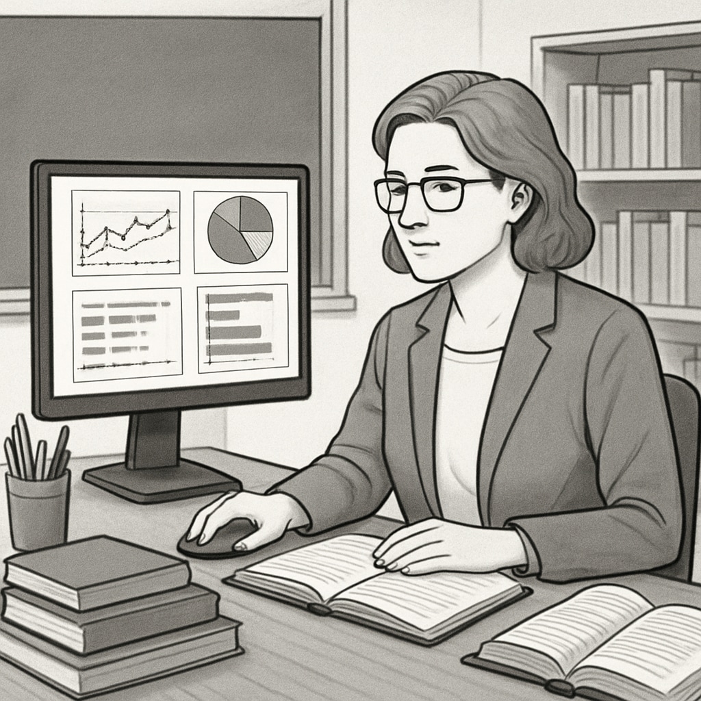 A teacher reviewing AI-generated student performance data on a computer, representing the oversight required with AI tools in education. Teacher reviewing AI-generated student data for accuracy.