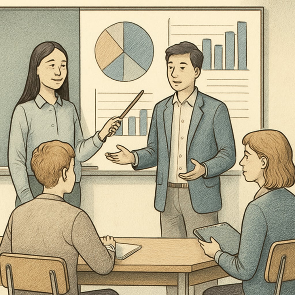 A student group presenting a business analysis project with charts and graphs in a classroom environment. Students presenting a business analysis project, showcasing teamwork and data-driven insights.