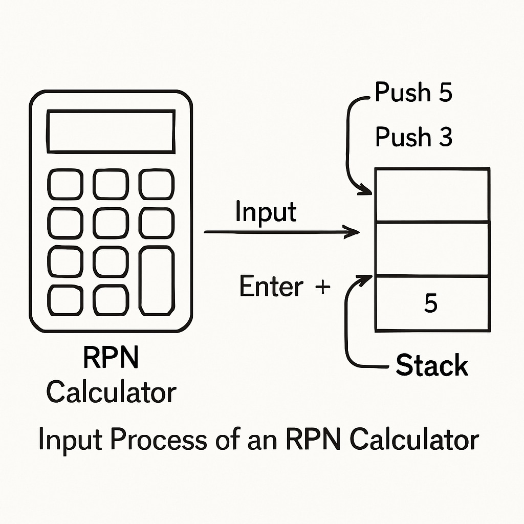 A technical diagram illustrating the input process of an RPN calculator, showcasing the stack-oriented approach. Diagram of RPN calculator explaining Reverse Polish Notation input with stack operations.
