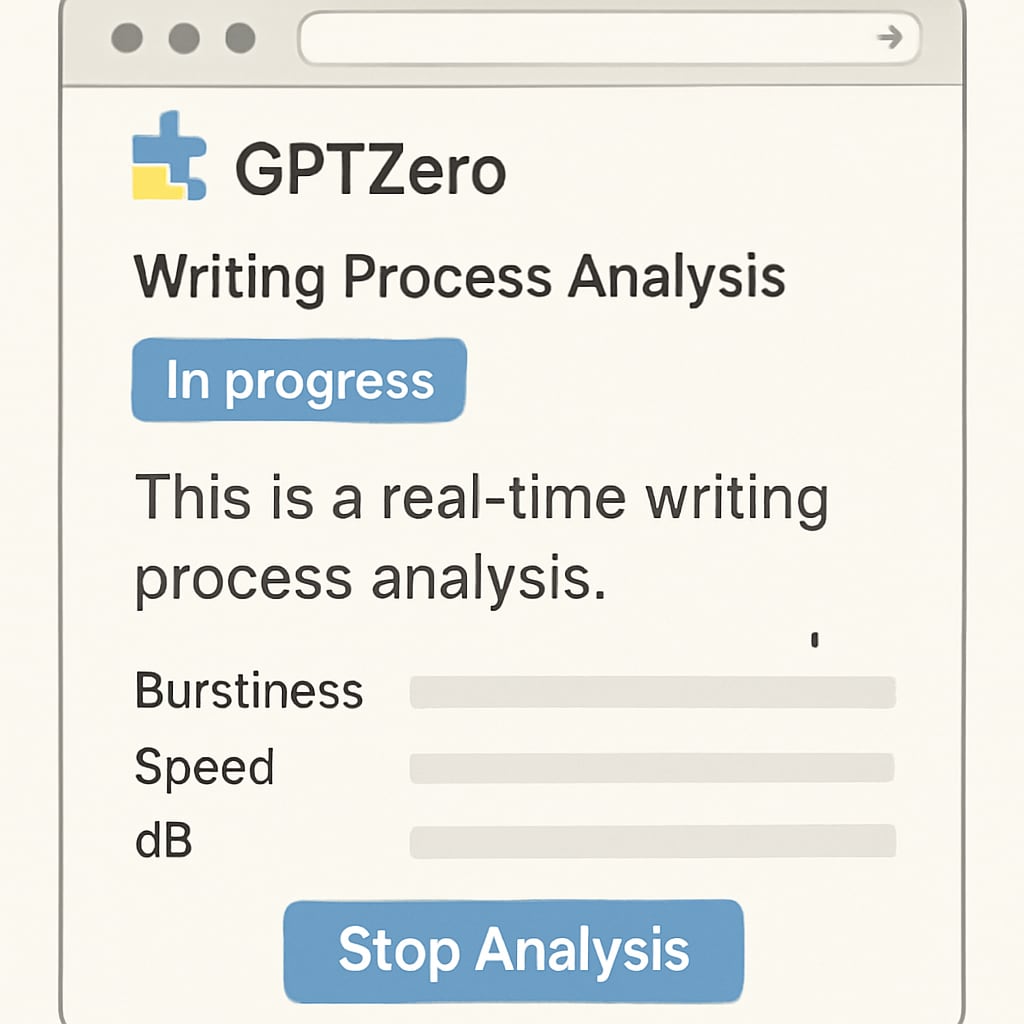 A screenshot of the GPTZero Chrome extension interface showing a real-time writing process analysis. GPTZero Chrome extension interface for writing monitoring and plagiarism detection.