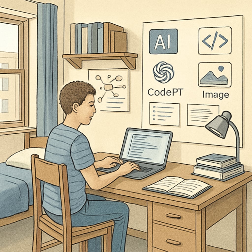 A student using multiple AI tools on a laptop in a college dorm setting. Student using AI tools for GPA improvement in a college dorm.
