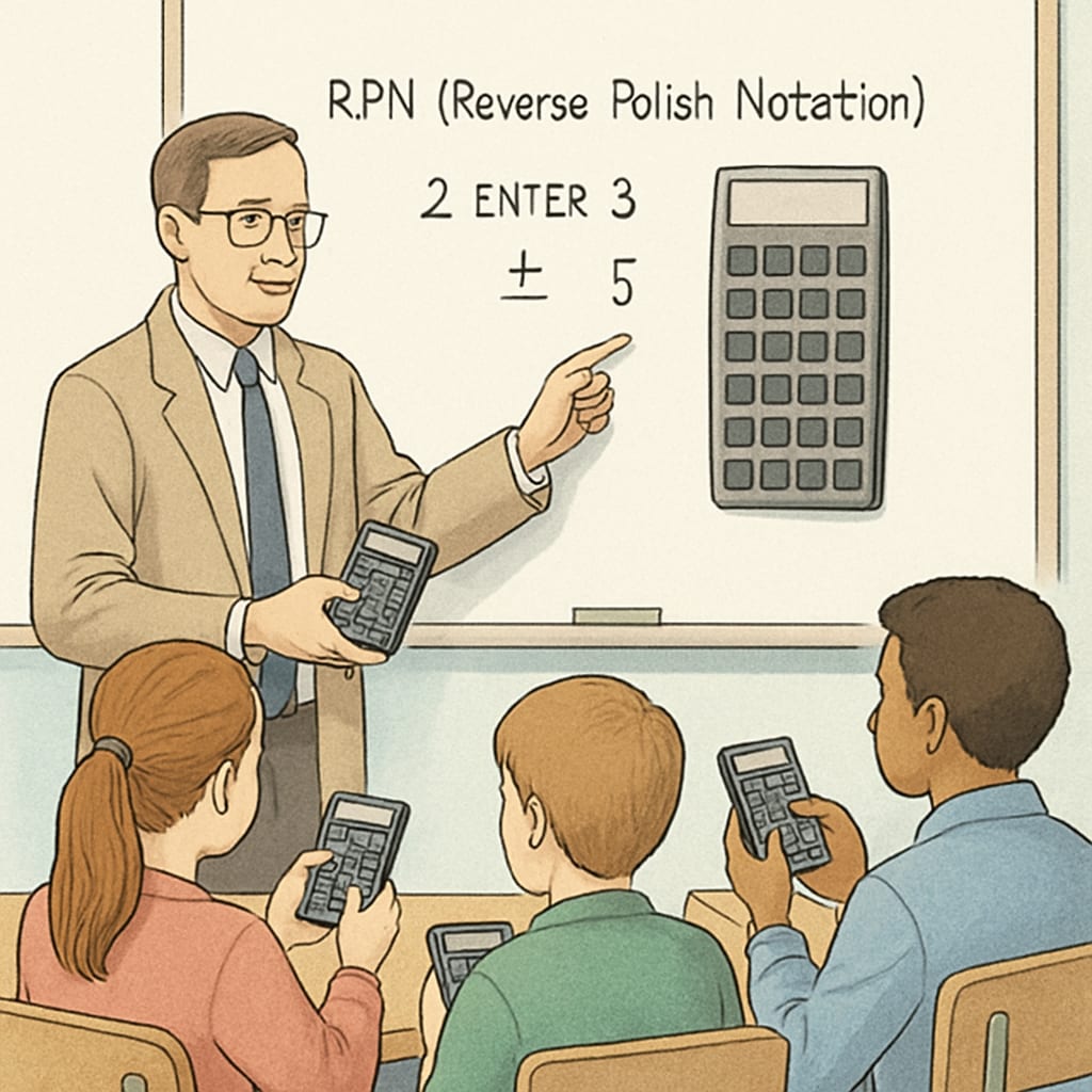 A teacher guiding students on how to use an RPN calculator during a math lesson. Classroom scene of a teacher demonstrating an RPN calculator to students.