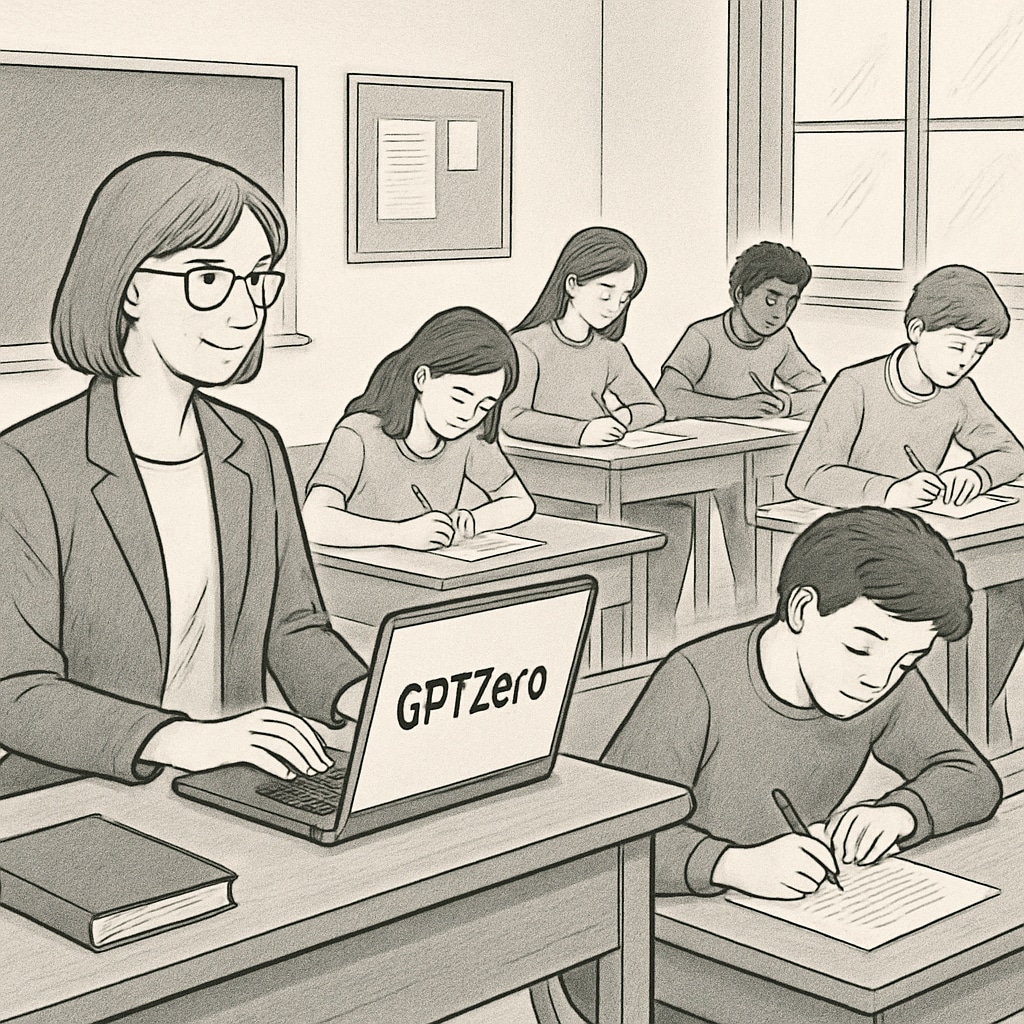 A classroom setting showing a teacher using GPTZero on a laptop while students are writing essays. Teacher using GPTZero in a classroom for real-time writing assessment.