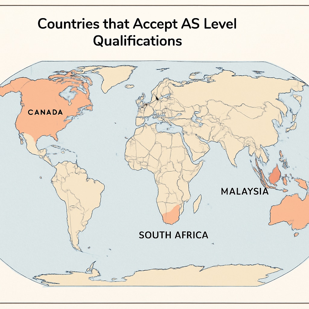 A global map highlighting countries with universities that accept AS level qualifications, such as Malaysia, South Africa, and Canada. Map showing countries with universities that accept AS level qualifications.