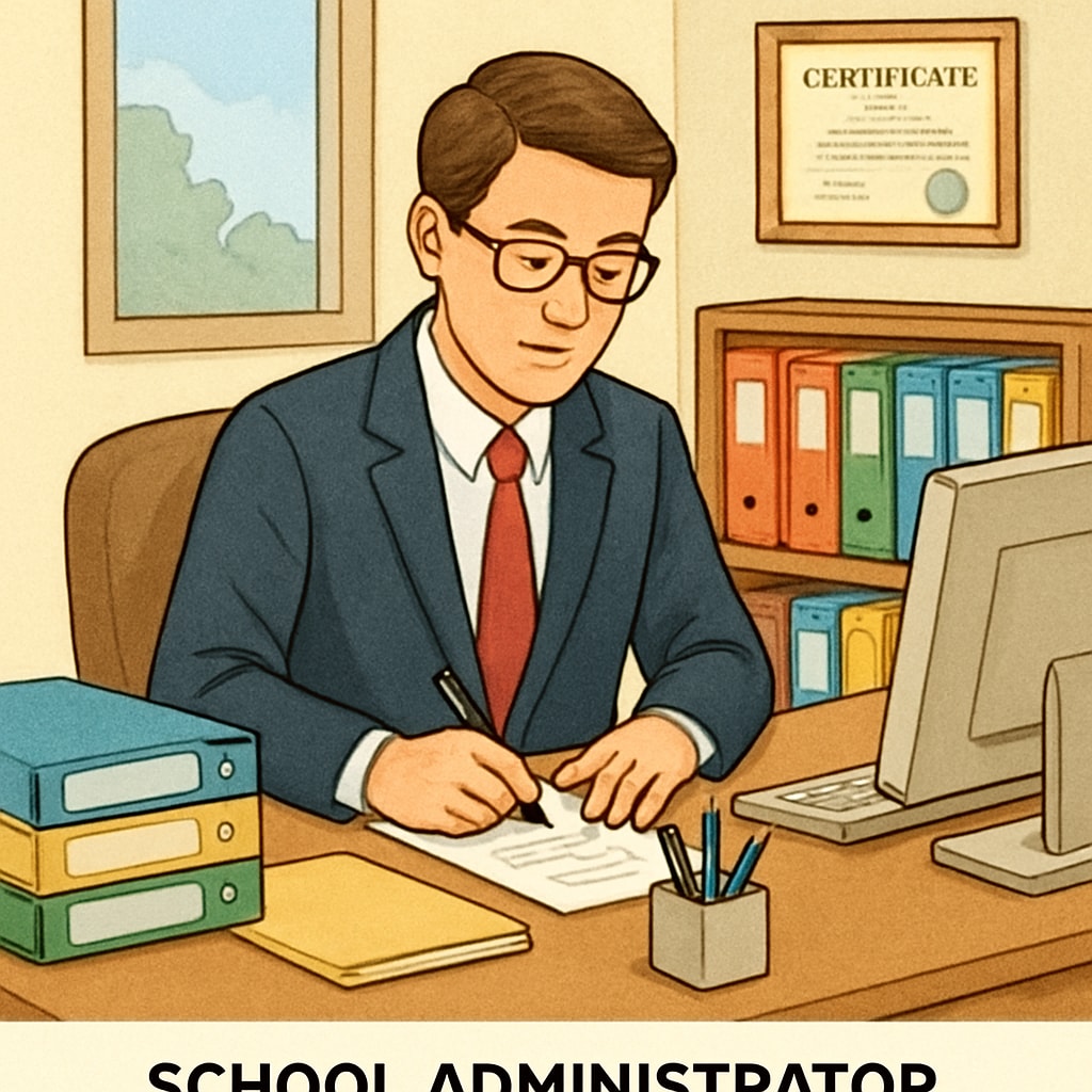 A school administrator working at their desk with files and a computer. School administrator managing documents and schedules at a desk.