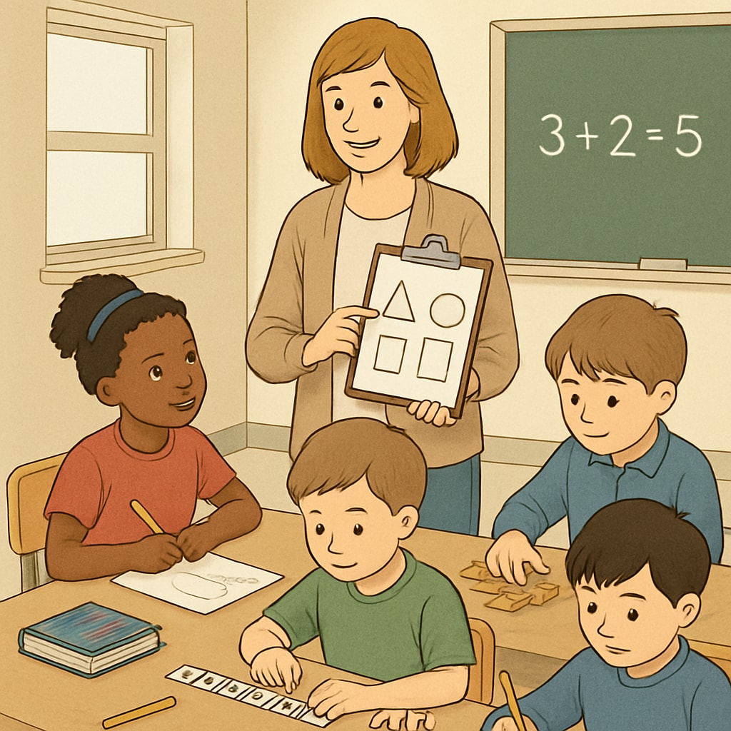 A group of first-grade students participating in a structured extracurricular activity, emphasizing academic or skill-building goals. First graders engaged in academic or skill-building extracurricular activities.