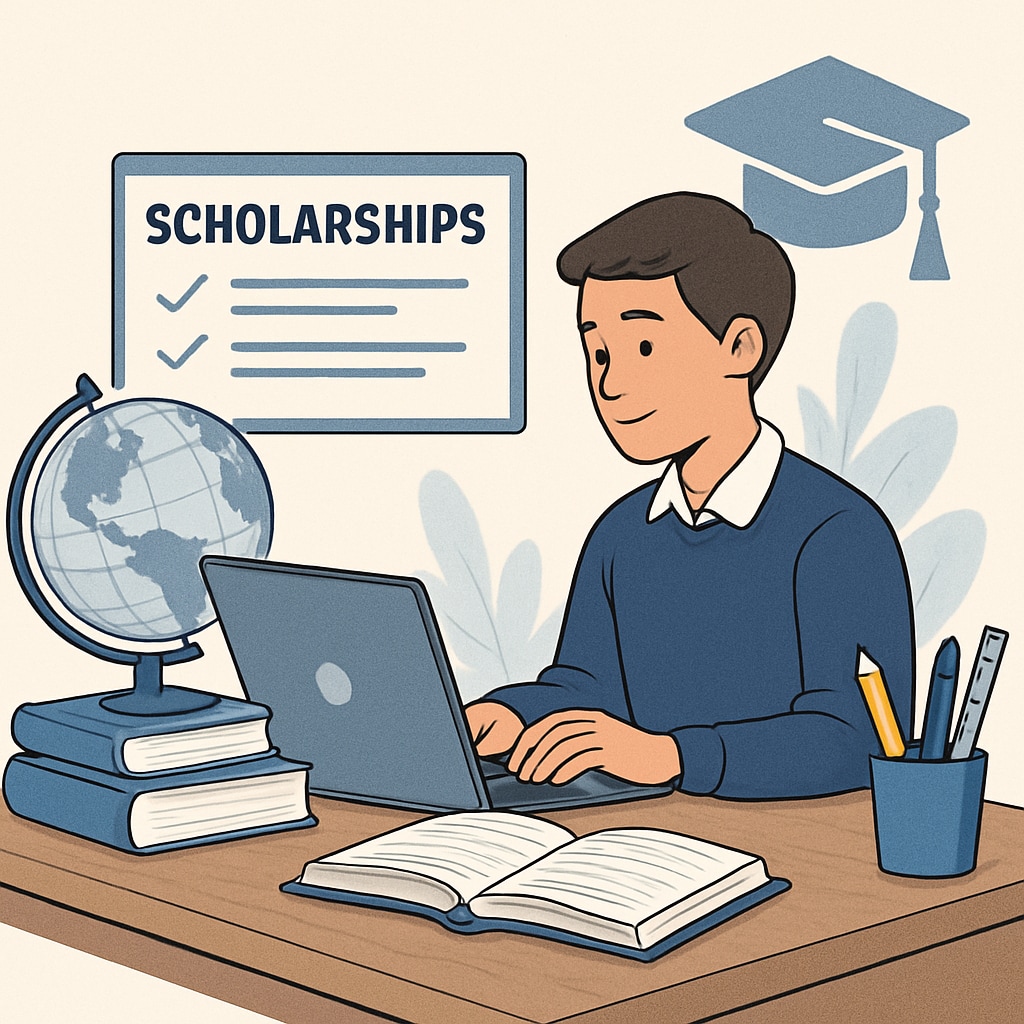 A student browsing scholarship opportunities on a laptop, symbolizing the importance of financial aid for AS level students. Student exploring scholarships on a laptop for AS level university admissions.