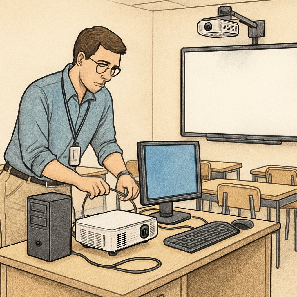 A school IT specialist setting up a classroom's digital equipment. IT specialist configuring technology in a school classroom.