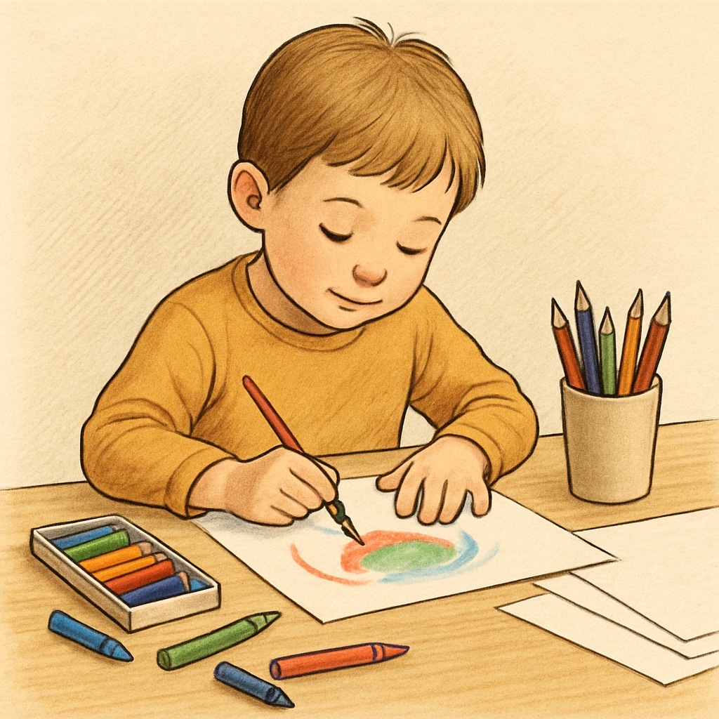 A young child drawing or painting in a relaxed, creative environment, free from academic pressures. A child engaging in creative activities without academic pressures.