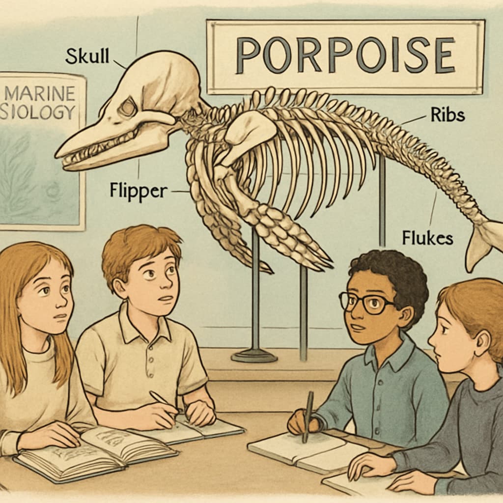 Students learning about porpoise anatomy and marine life at a science exhibit.