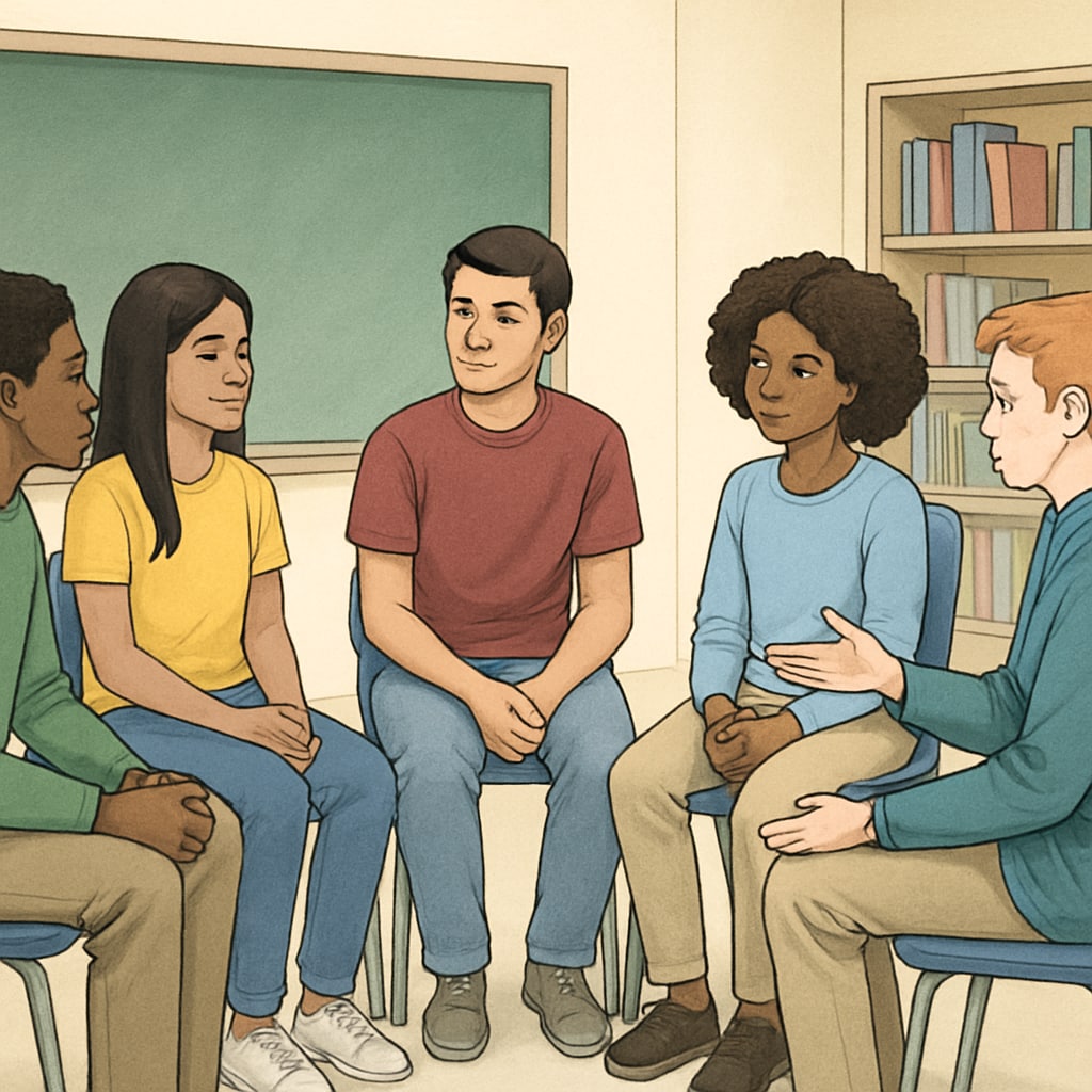 A diverse group of students participating in a school counseling session, representing holistic student development. Students in a counseling session representing holistic development for higher education success.
