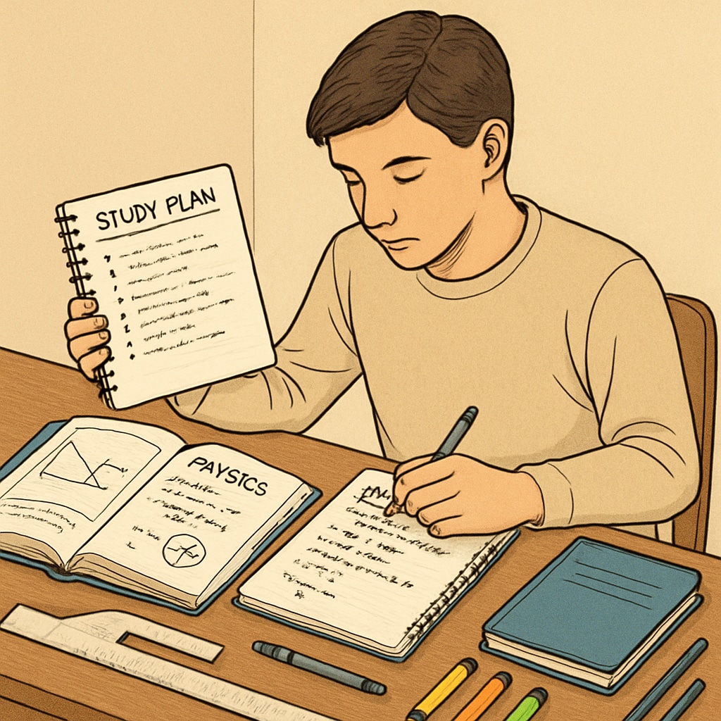 A student organizing their physics notes and creating a study plan. A student planning their revision to address physics backlogs, focusing on time management and exam preparation.