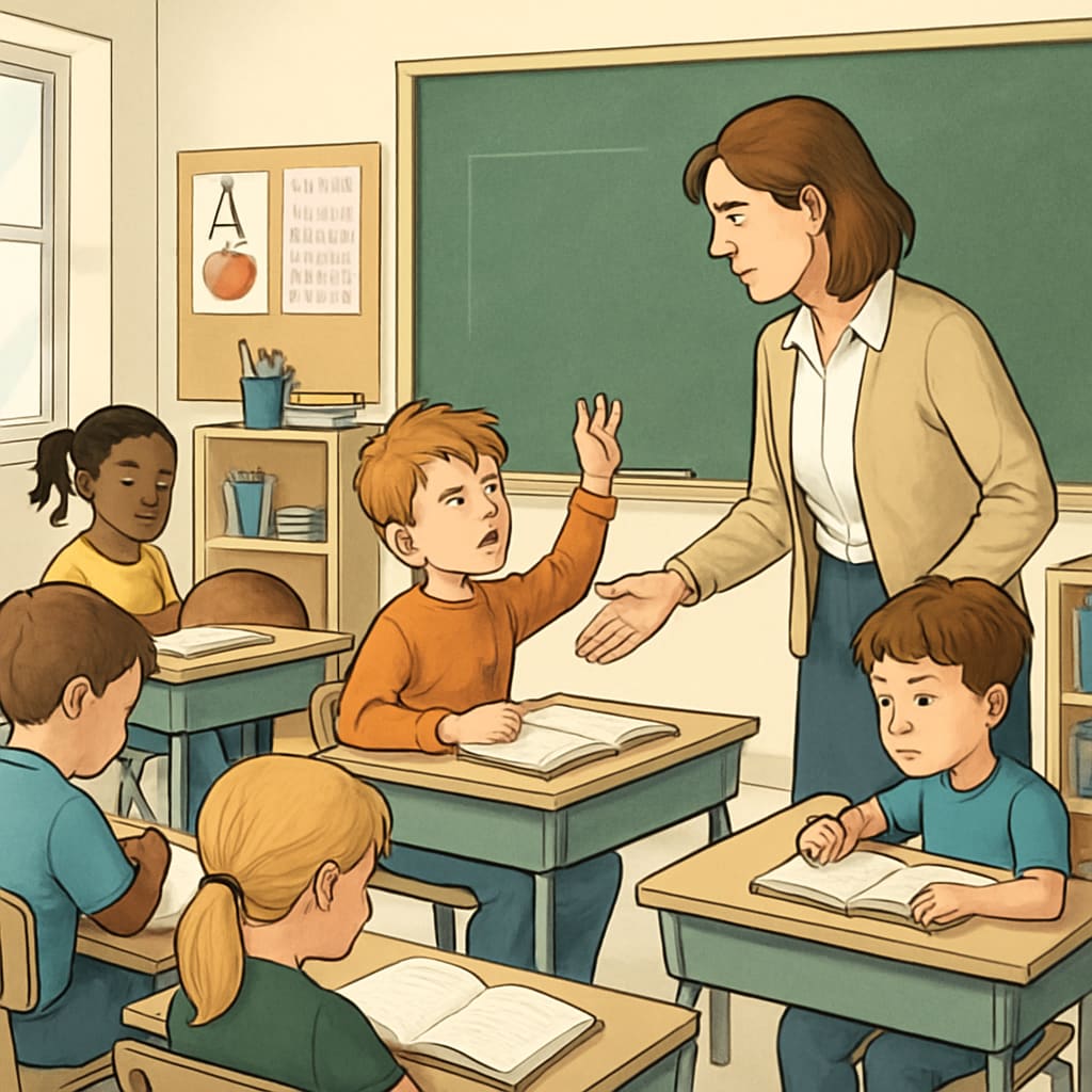 A classroom scene featuring students focused on learning while a teacher addresses one disruptive child. Students engaged in learning while a teacher manages disruptive behavior.
