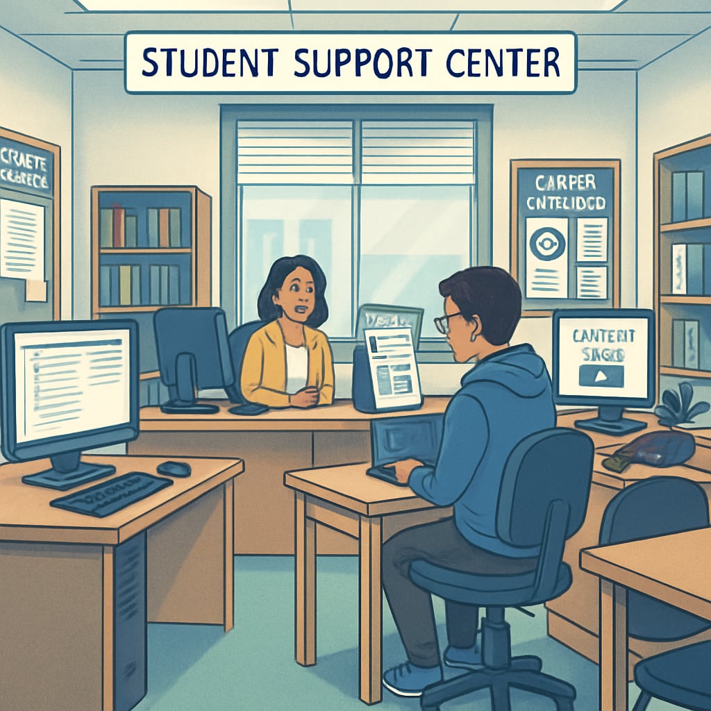 A modern student support center equipped with technology, illustrating accessible academic and career guidance. A student support center showing technology-driven resources for academic success.