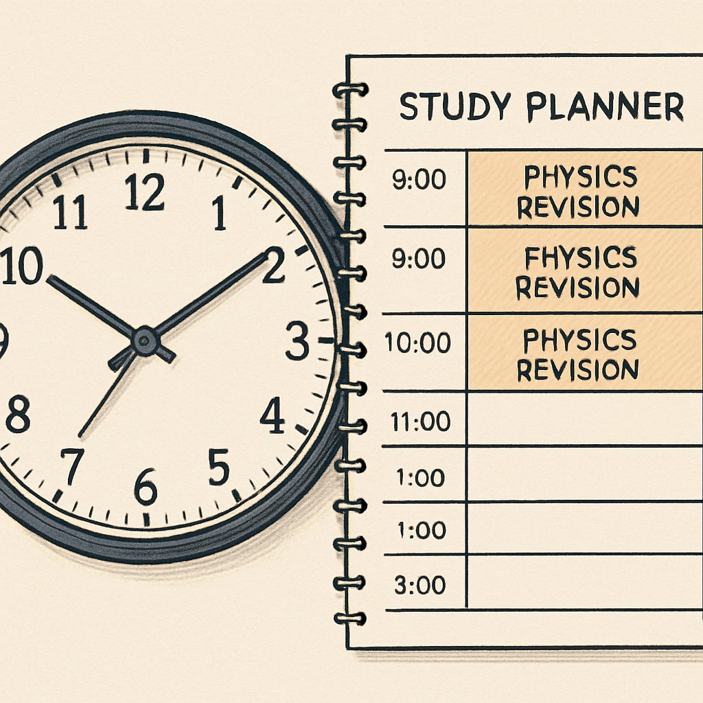 A clock and a study planner highlighting time blocks for physics revision. A time management planner for handling physics backlogs and strategic exam preparation.