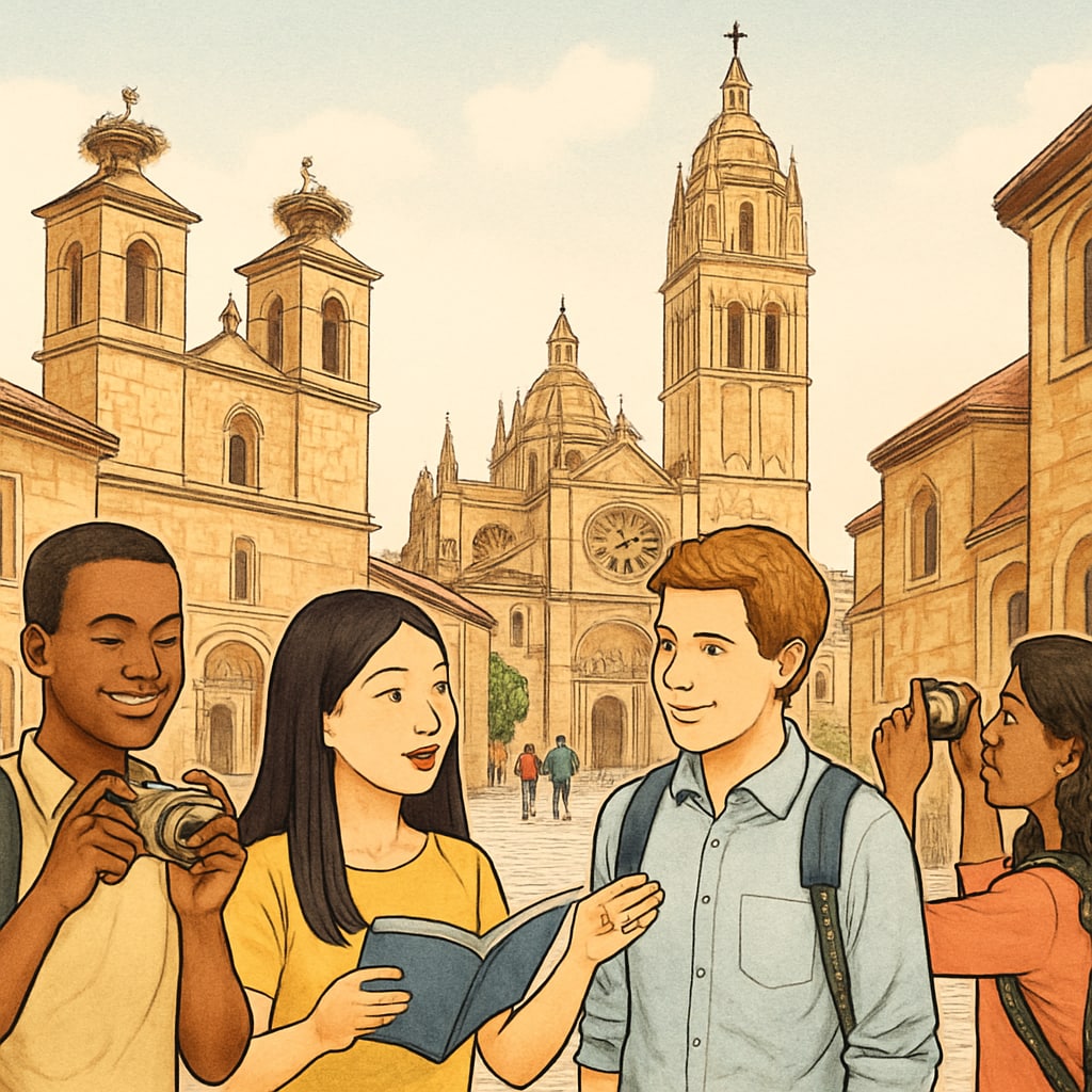 International students walking together in a Spanish city, learning about local culture.