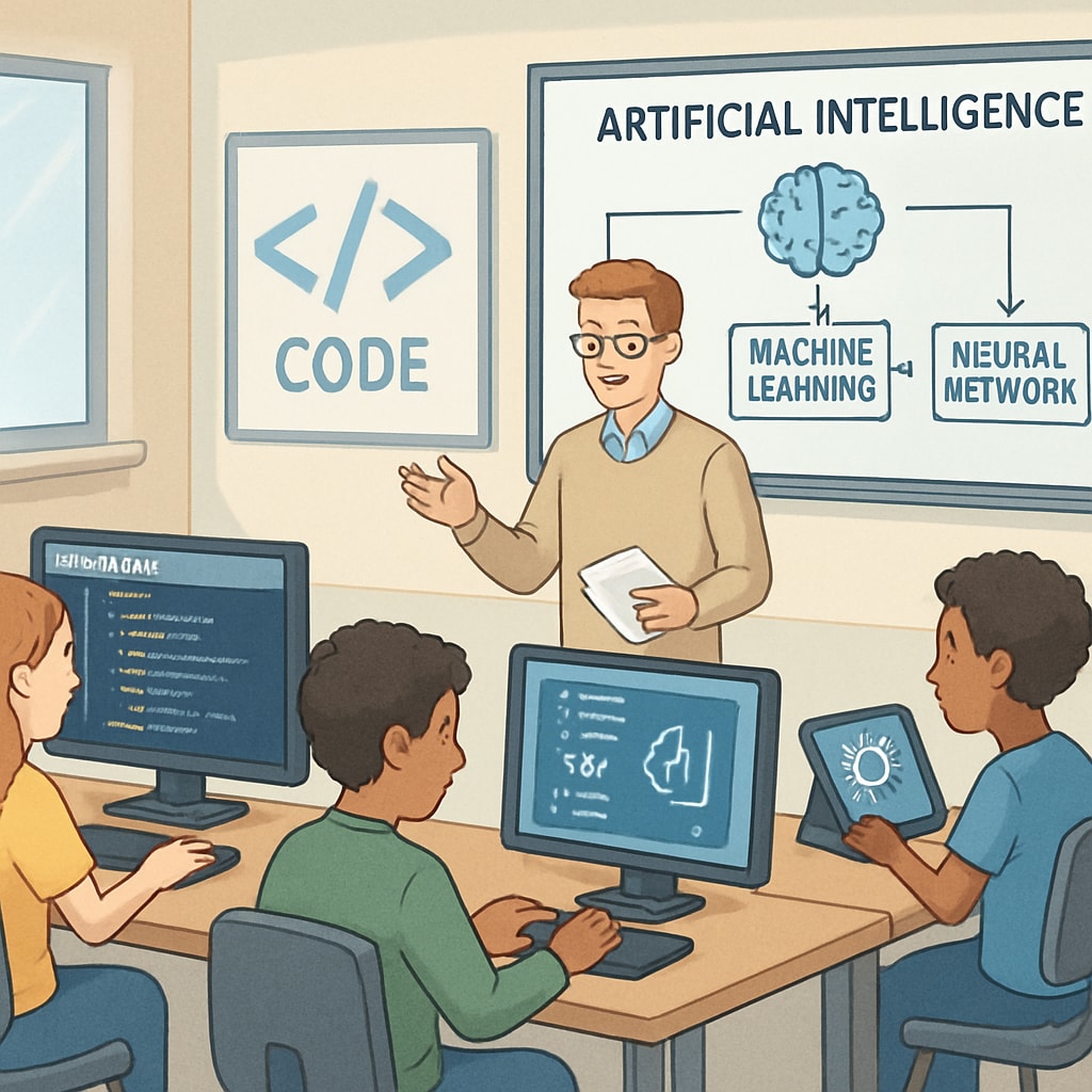 A group of students in a modern classroom learning coding and artificial intelligence concepts using computers and interactive tools. The image emphasizes the importance of STEM education in the digital age. Students learning coding and AI concepts in a modern classroom