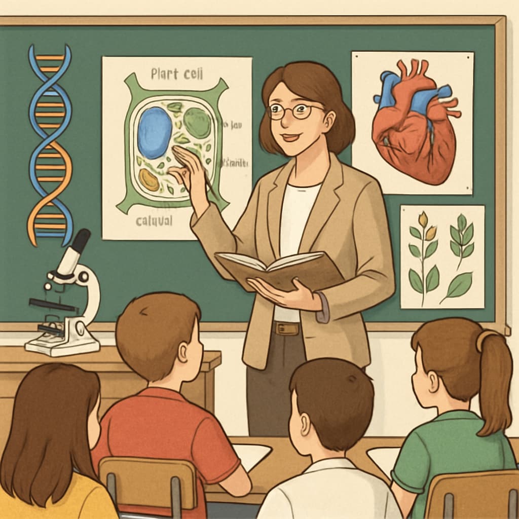 A classroom setting where a teacher is explaining a biology concept to students. Biology teacher presenting a biology concept to students in a classroom.